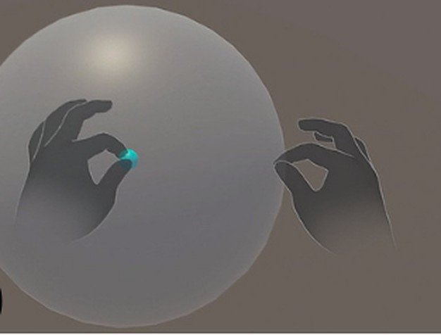 Two virtual hands pinching to define a spherical selection volume in VR
