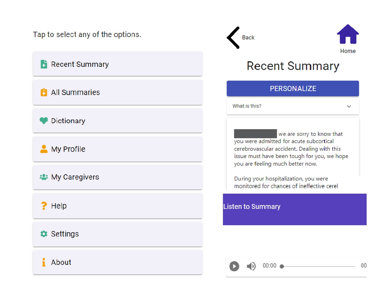 myPHA design probe screens: menu and personalized summary