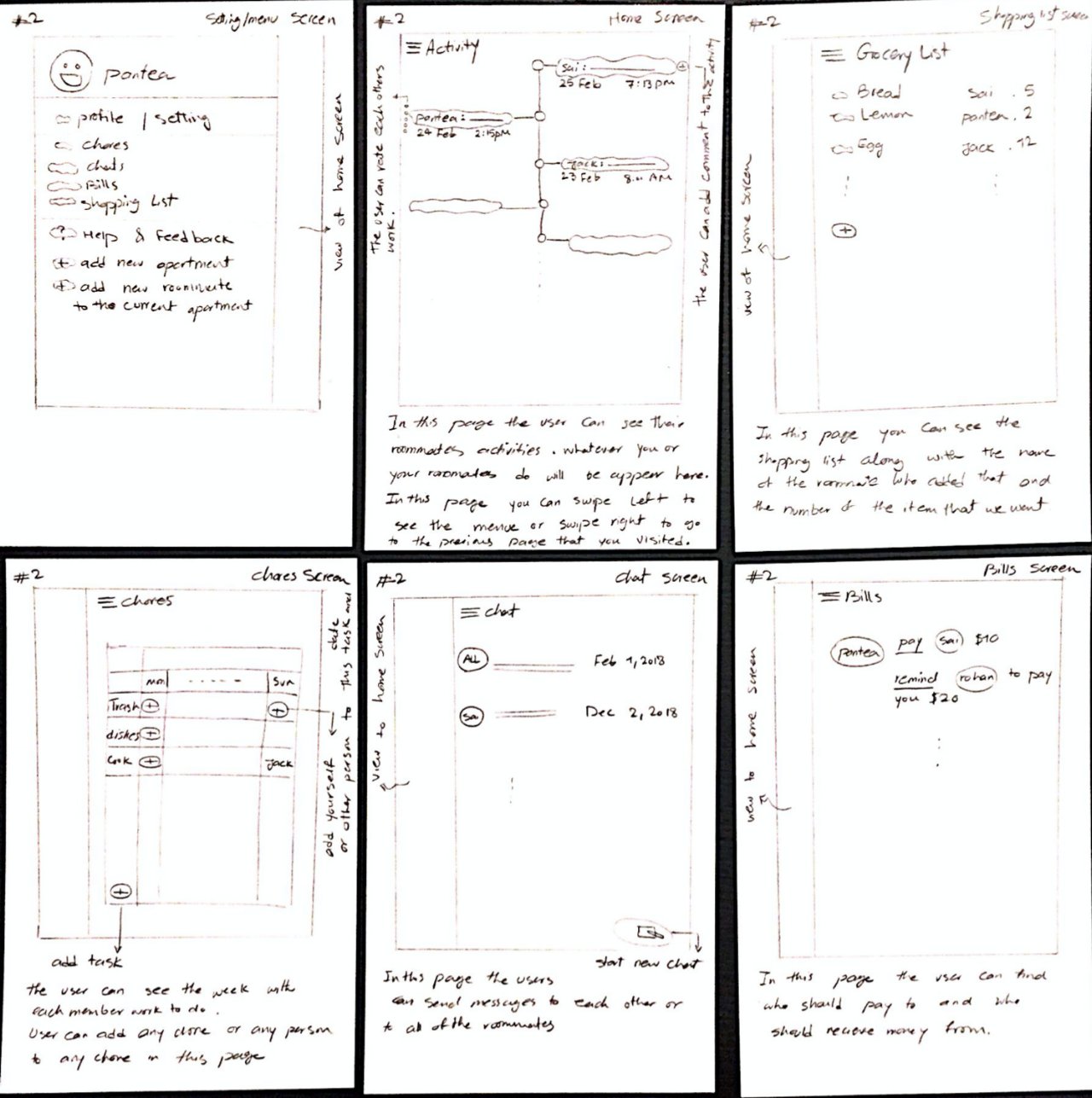 Hand-drawn sketches of six Roomies screens: menu, activity feed, grocery list, chores schedule, chat, and bills