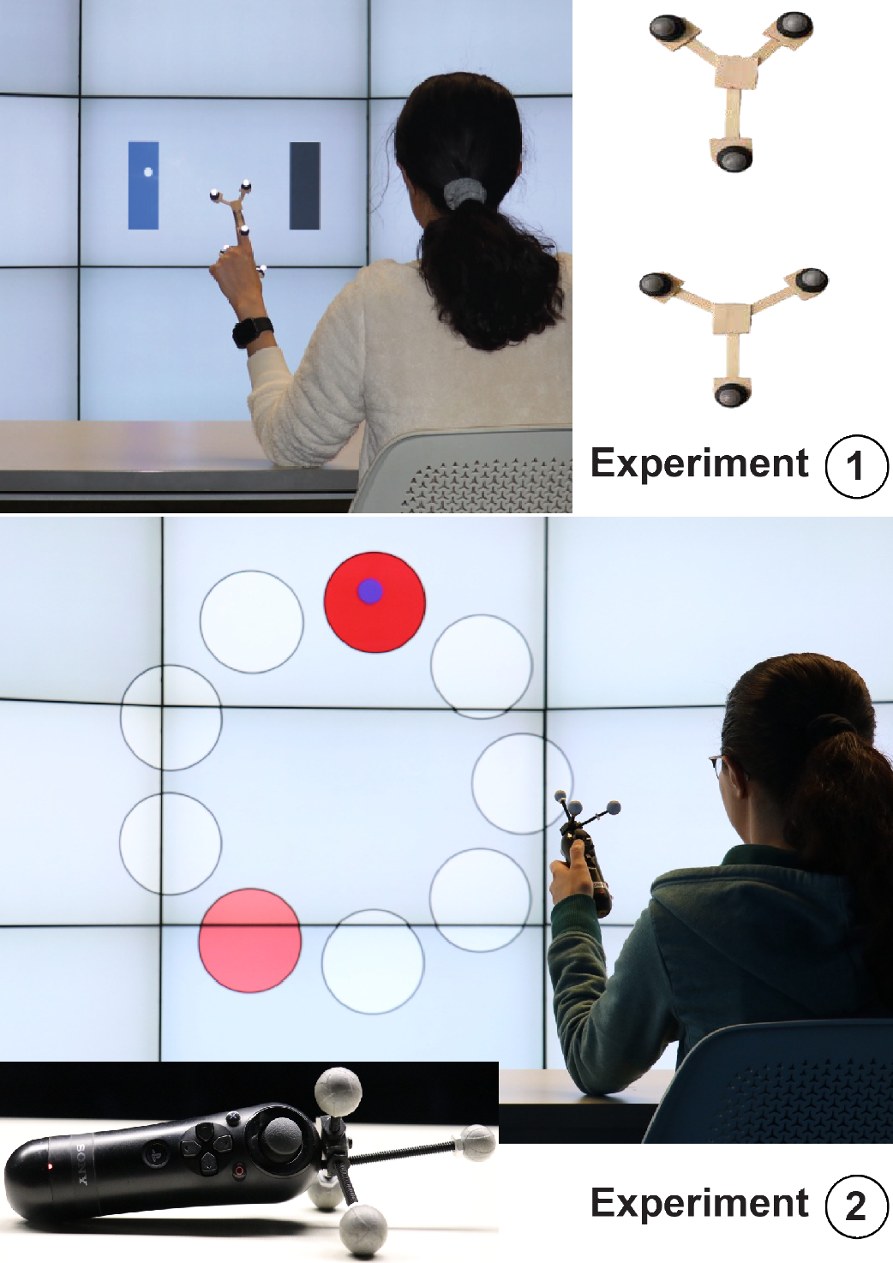 Figure from the IJHCS paper: freehand touchless input with finger markers in Experiment 1, and device-based touchless pointing on the large tiled display in Experiment 2