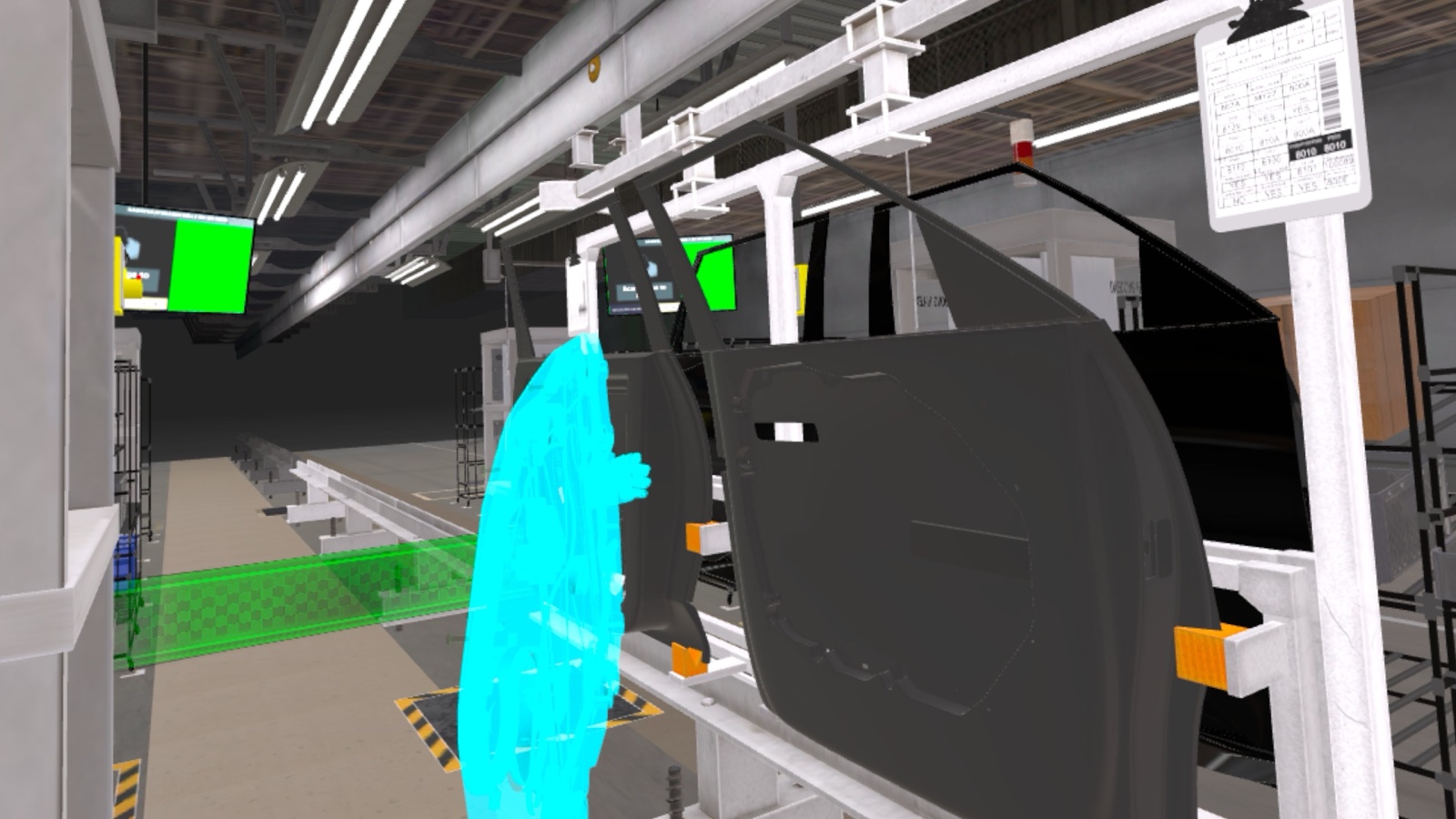 VR assembly line with a translucent ghost overlay showing where the door module is placed